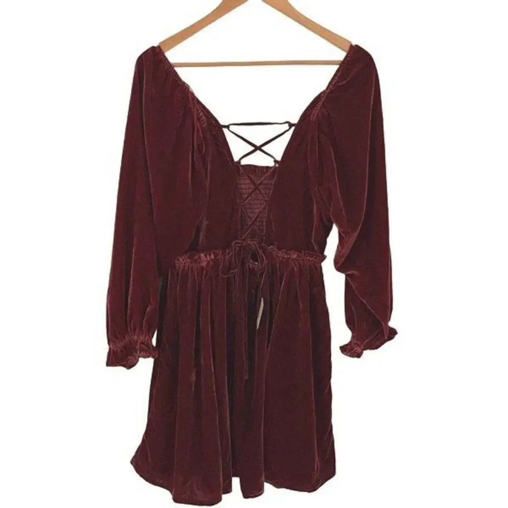 Free People Womens Velvet Lace Up Dress Daphne Long Sleeve Lined Red Size Medium